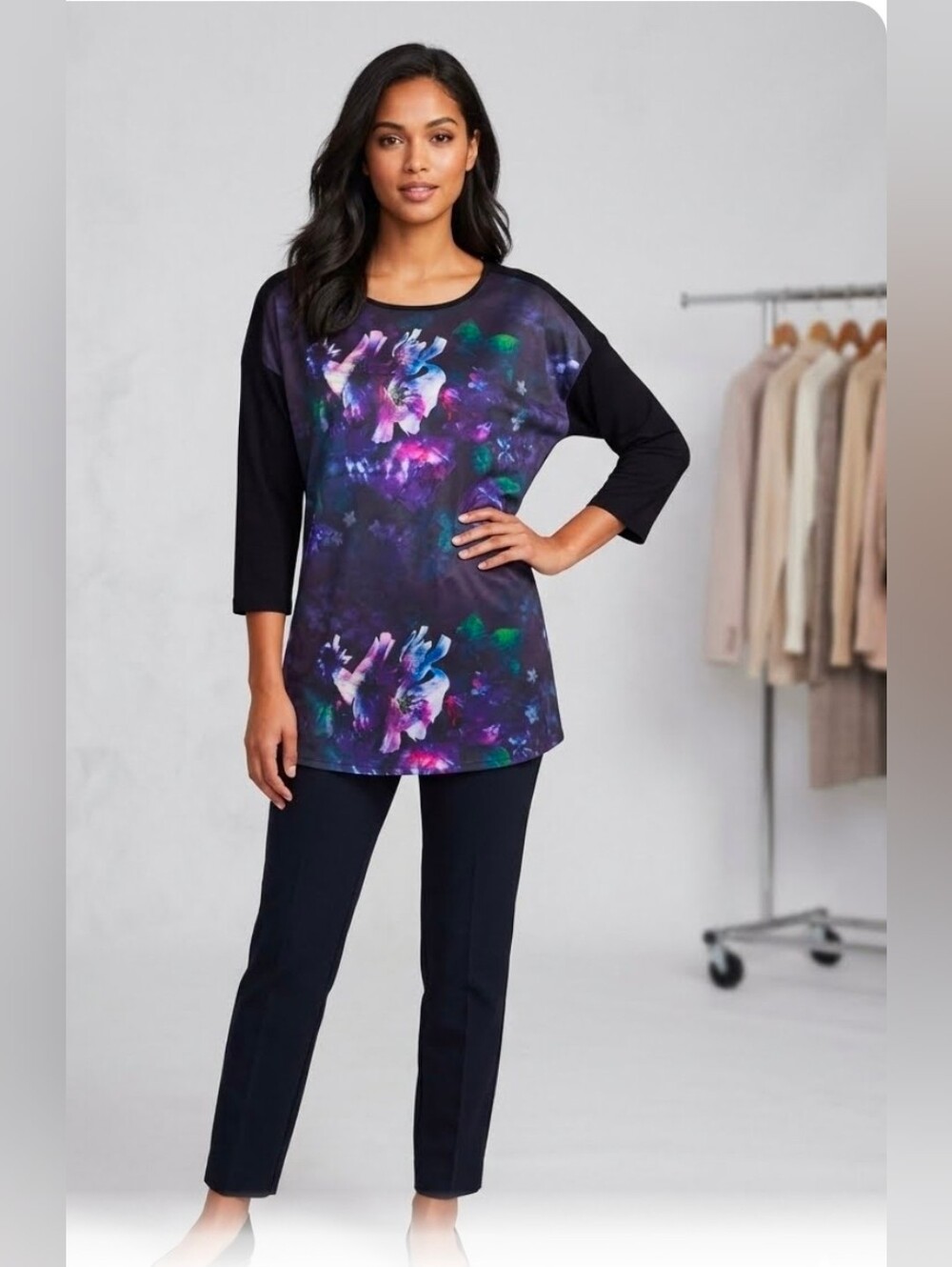 Peter Nygard Abstract Floral Colorblock Tunic Top L